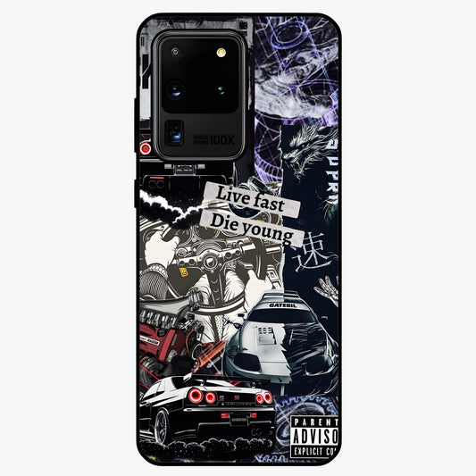 Die Young Glass Case showing flat back view with bold artistic typography design and glossy glass finish.