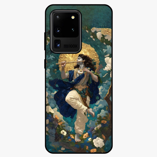 Divine Krishna Art Glass Case showing flat back view with Lord Krishna artwork and glossy glass finish.