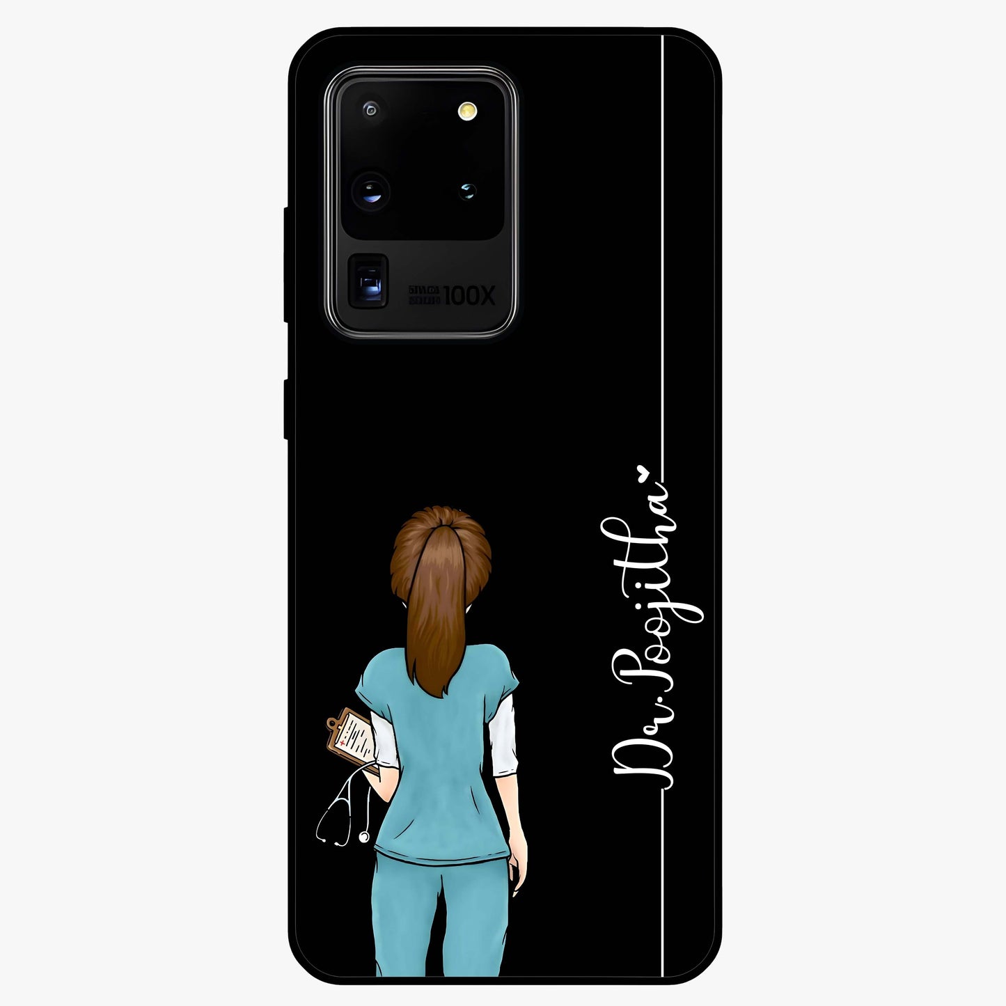 Doctor Pattern Custom Name Glass Case showing flat back view with medical themed pattern and personalized name design.