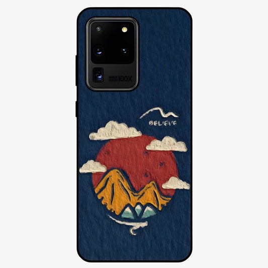 Dream Beyond Mountains Glass Case showing flat back view with scenic mountain landscape artwork and glossy glass finish.
