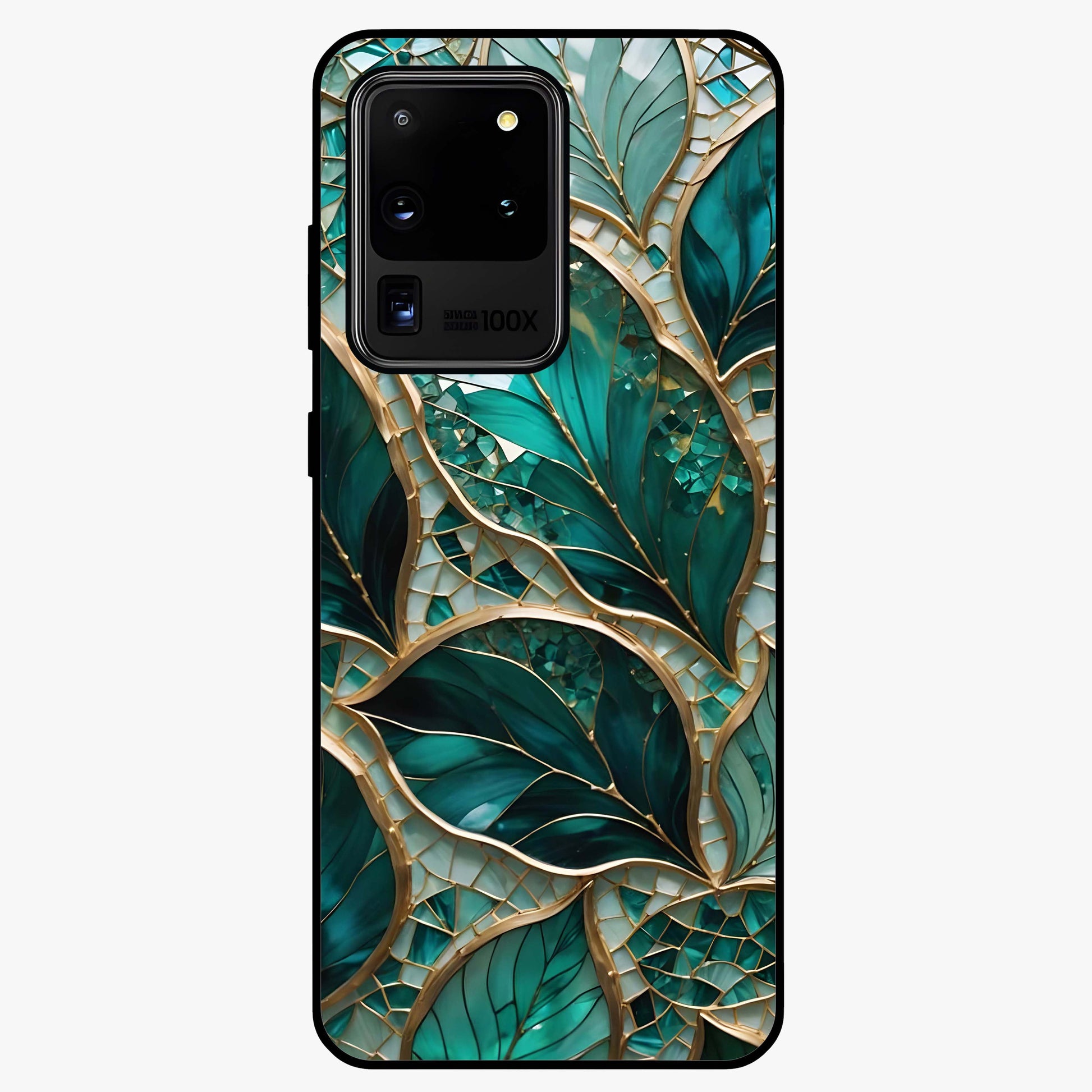 Emerald Leaf Glass Glass Case showing flat back view with emerald green leaf artwork and glossy glass finish.