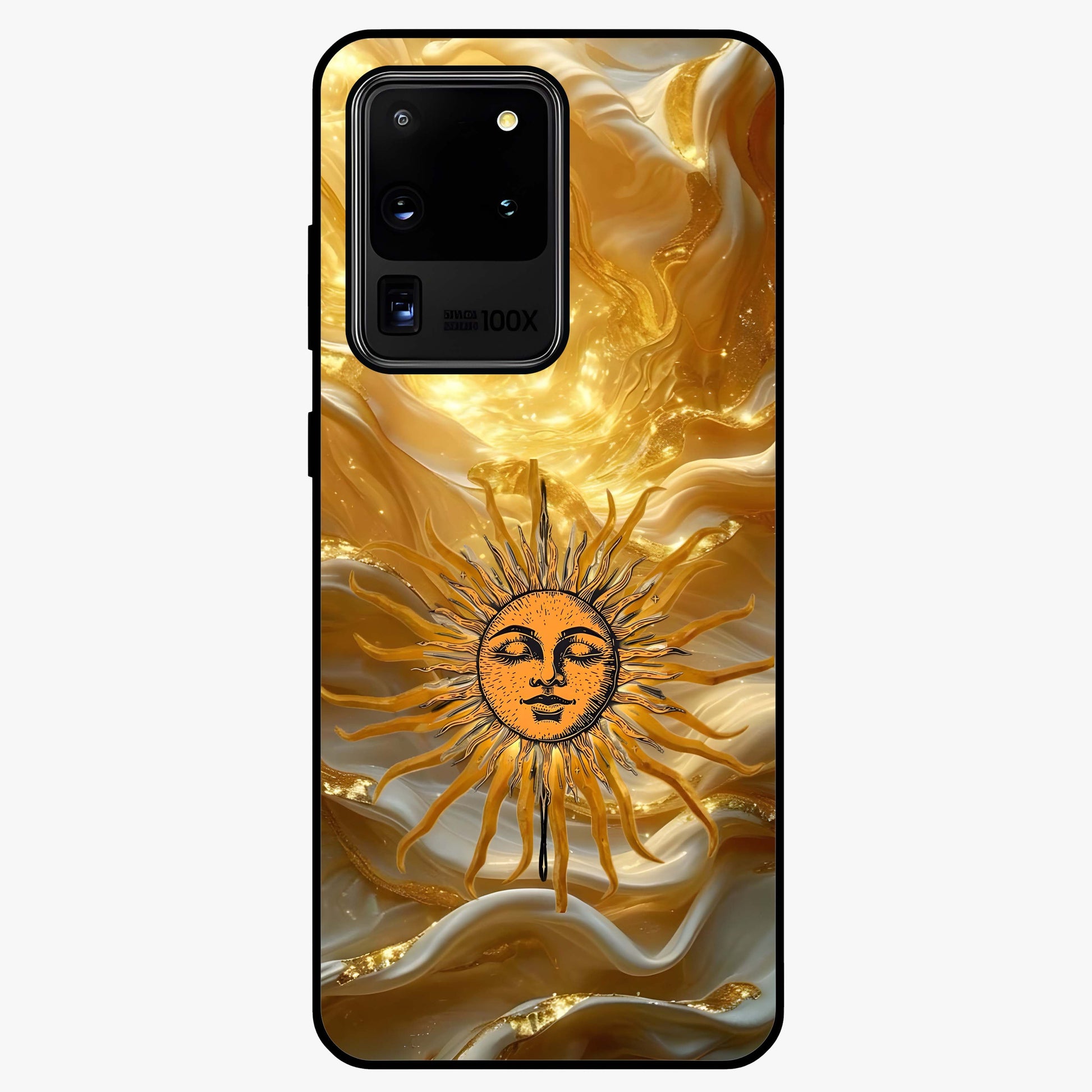 Eternal Golden Glow Glass Case showing flat back view with radiant golden themed artwork and glossy glass finish.