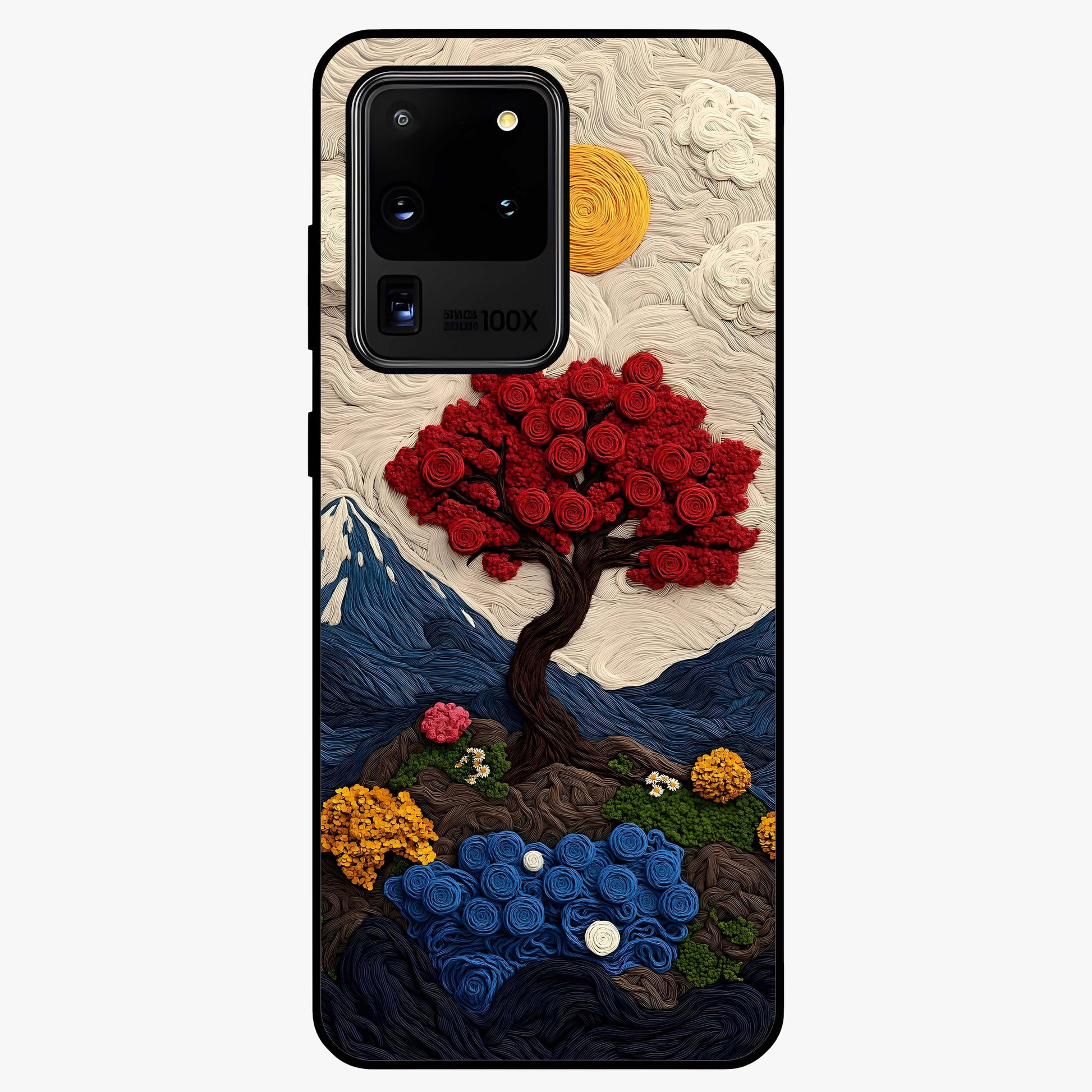 Eternal Nature Tapestry Glass Case showing flat back view with intricate nature tapestry artwork and glossy glass finish.