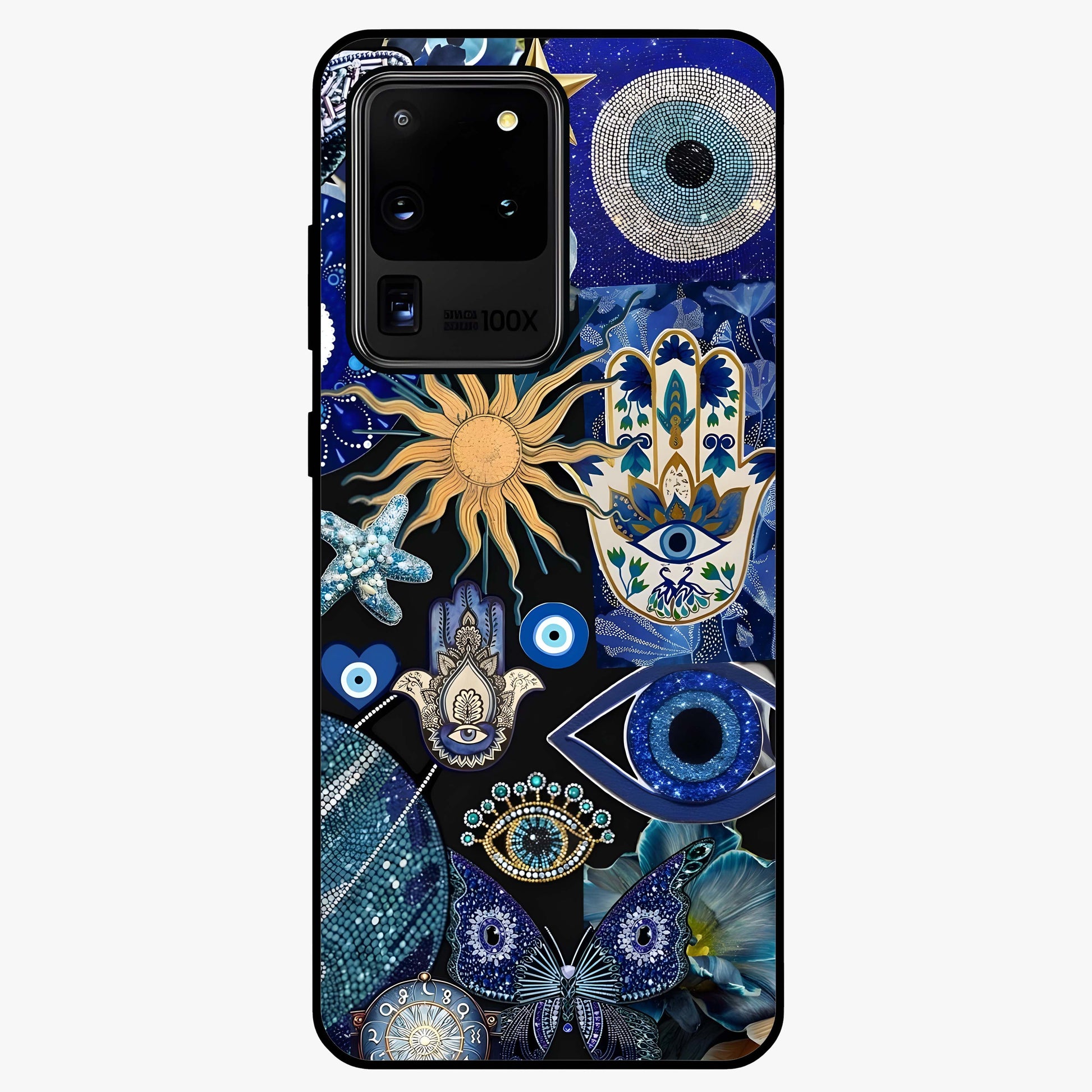 Evil Eye Charm Mix Glass Case showing flat back view with multiple evil eye charms artwork and glossy glass finish.