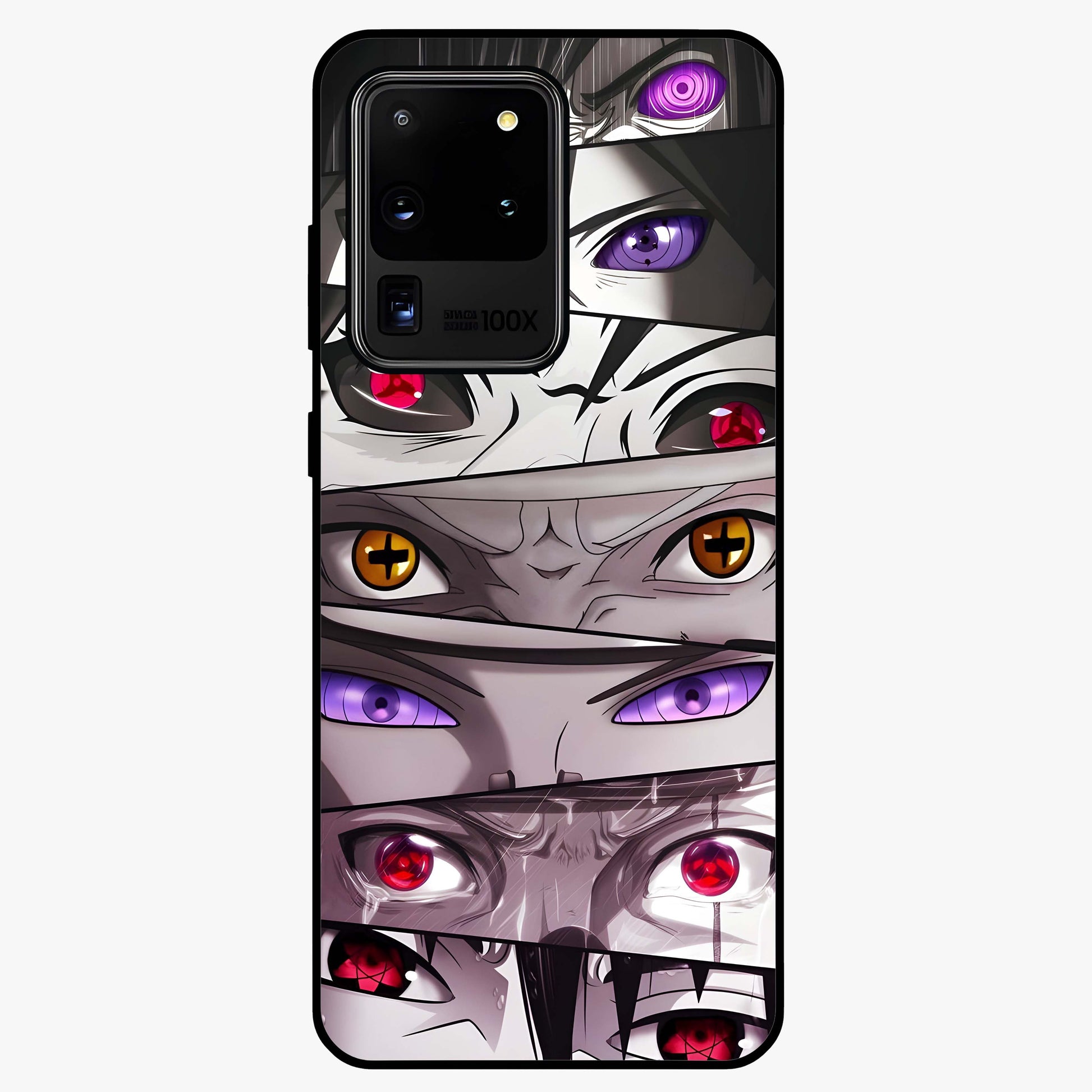 Eyes of Destiny Glass Case showing flat back view with striking eye themed artwork and glossy glass finish.