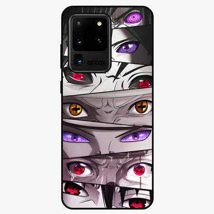 Eyes of Destiny Glass Case showing flat back view with striking eye themed artwork and glossy glass finish.