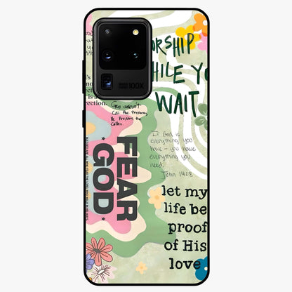 Faith Over Fear Glass Case showing flat back view with motivational typography artwork and glossy glass finish.