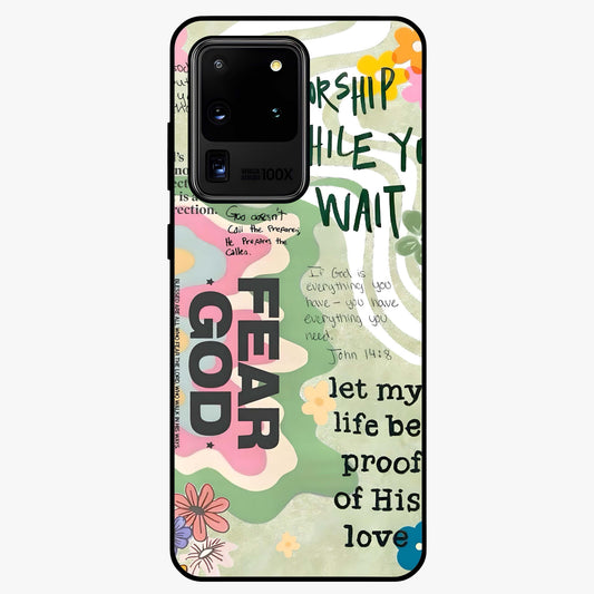 Faith Over Fear Glass Case showing flat back view with motivational typography artwork and glossy glass finish.