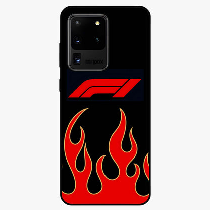 Fire F11 Glass Case showing flat back view with fiery themed artwork and glossy glass finish.