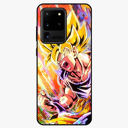Firing Goku Glass Case showing flat back view with powerful anime inspired artwork and glossy glass finish.