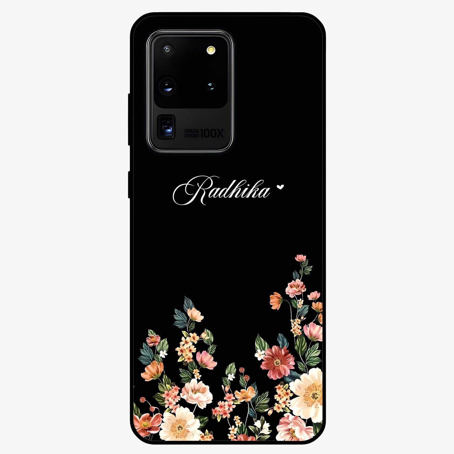 Floral Design With a Custom Personalized Name Glass Case showing flat back view with floral artwork and personalized name design.
