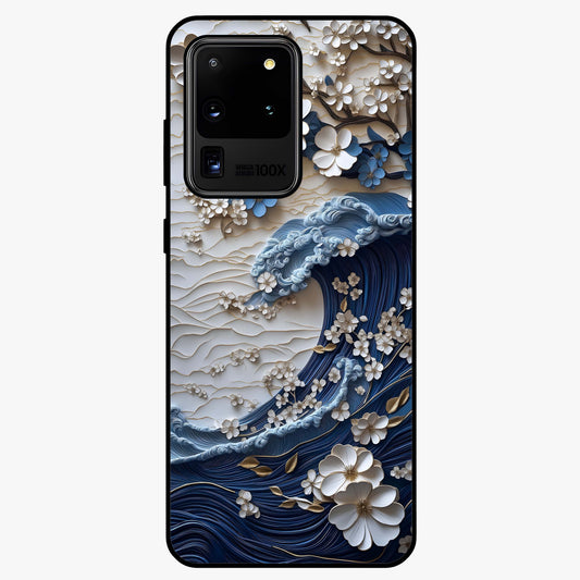 Floral Wave Origami Glass Case showing flat back view with origami inspired floral wave artwork and glossy glass finish.