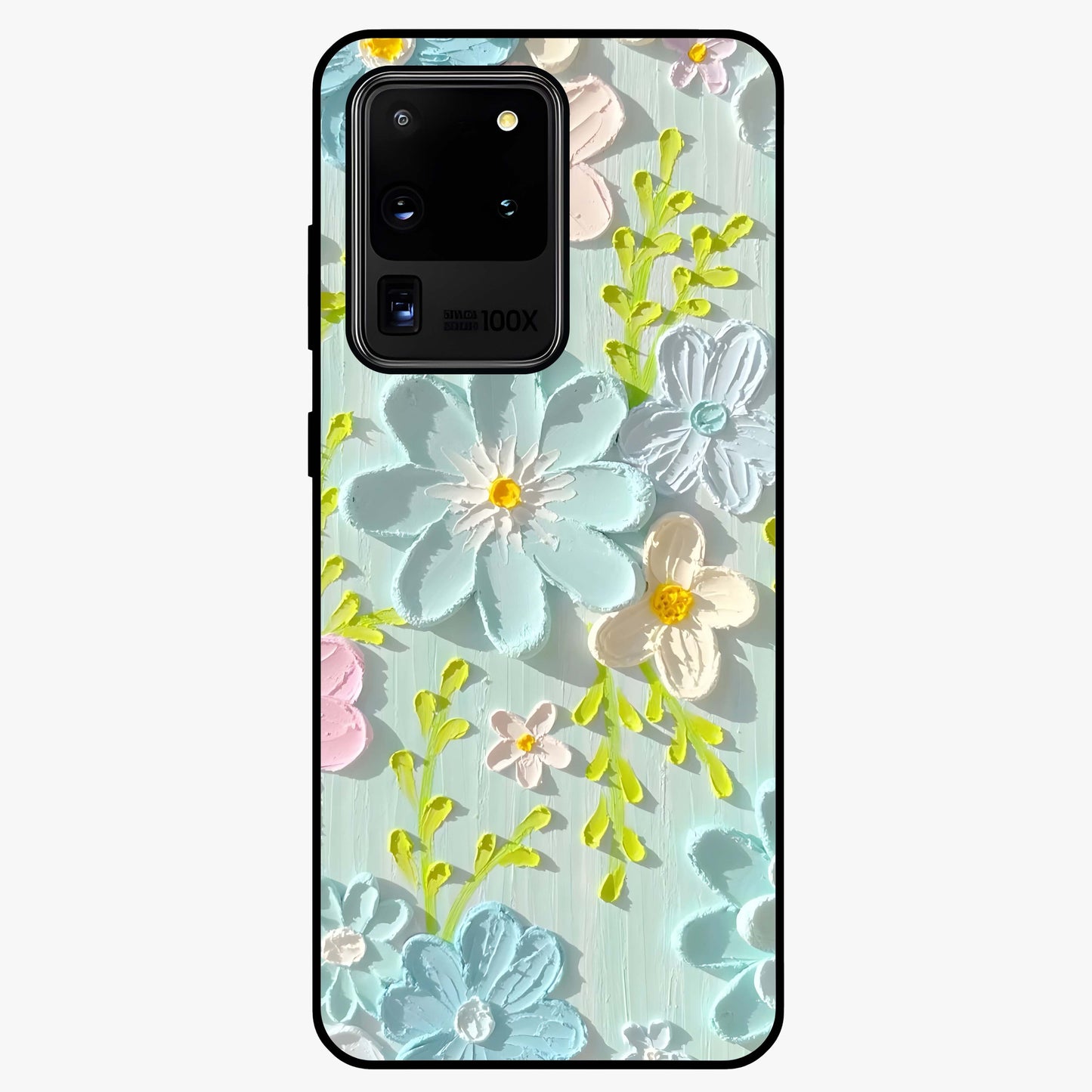 Frosted Petal Garden Glass Case showing flat back view with soft frosted floral artwork and glossy glass finish.