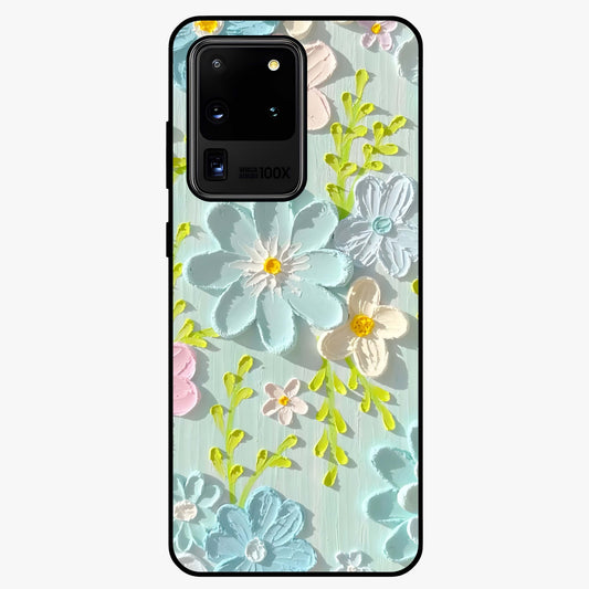 Frosted Petal Garden Glass Case showing flat back view with soft frosted floral artwork and glossy glass finish.