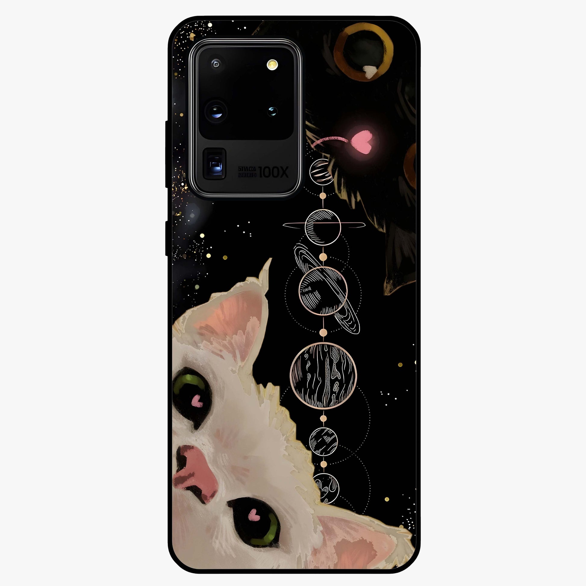 Galactic Cat Glass Case showing flat back view with cosmic cat artwork and glossy glass finish.