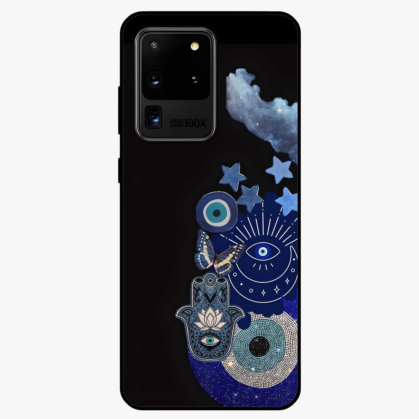 Galactic Charm Cluster Glass Case showing flat back view with glowing celestial charm artwork and glossy glass finish.