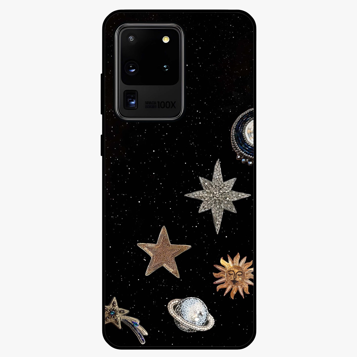 Galactic Charm Glow Glass Case showing flat back view with glowing celestial charm artwork and glossy glass finish.