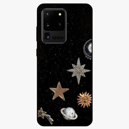 Galactic Charm Glow Glass Case showing flat back view with glowing celestial charm artwork and glossy glass finish.