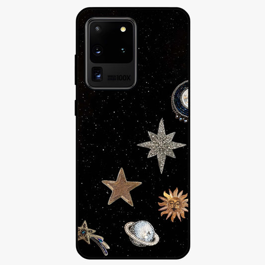 Galactic Charm Glow Glass Case showing flat back view with glowing celestial charm artwork and glossy glass finish.