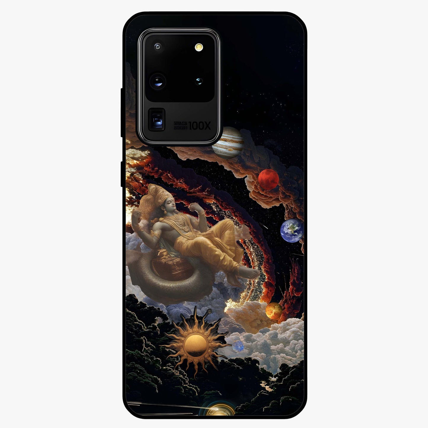 Galactic Divine God Glass Case showing flat back view with divine cosmic themed artwork and glossy glass finish.