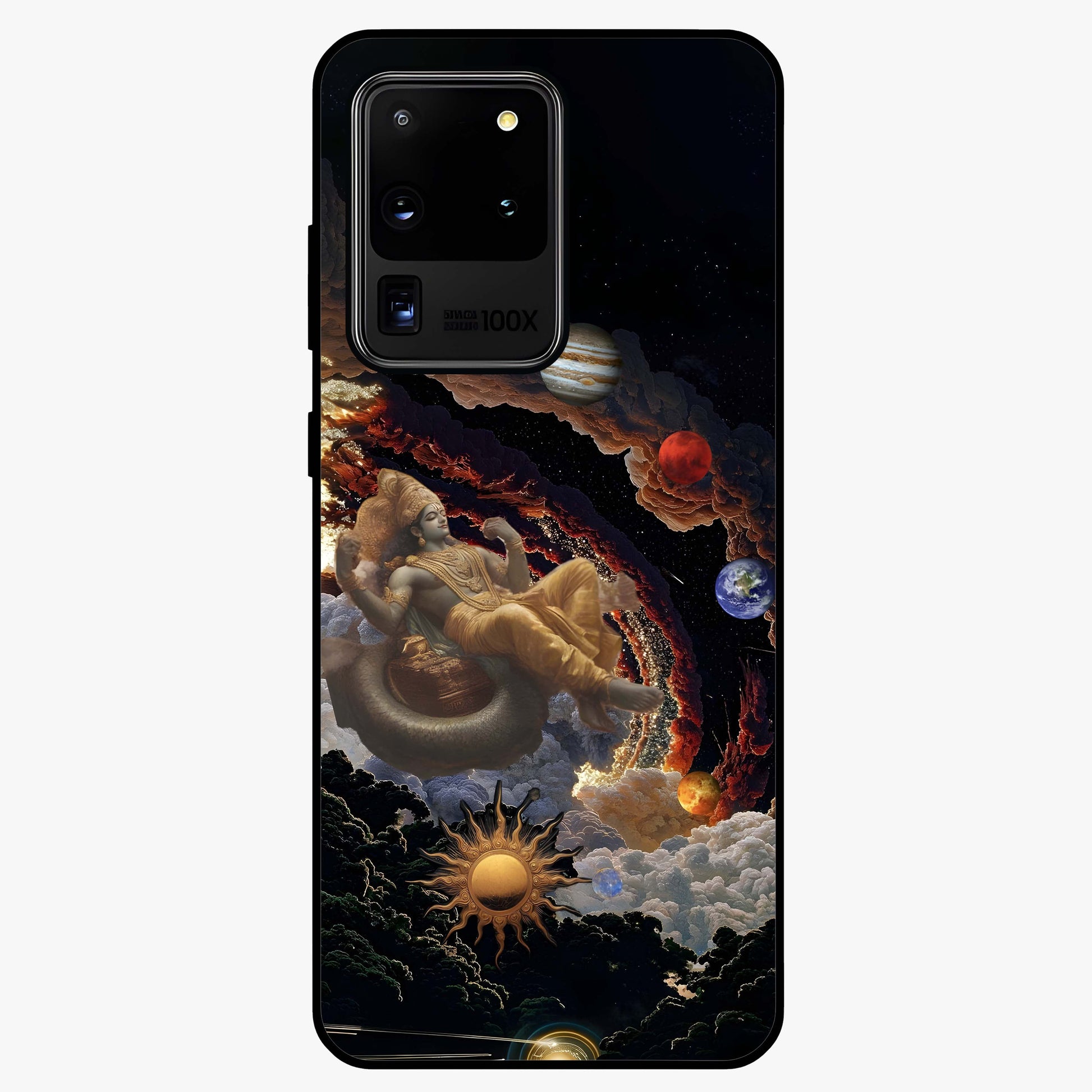 Galactic Divine God Glass Case showing flat back view with divine cosmic themed artwork and glossy glass finish.