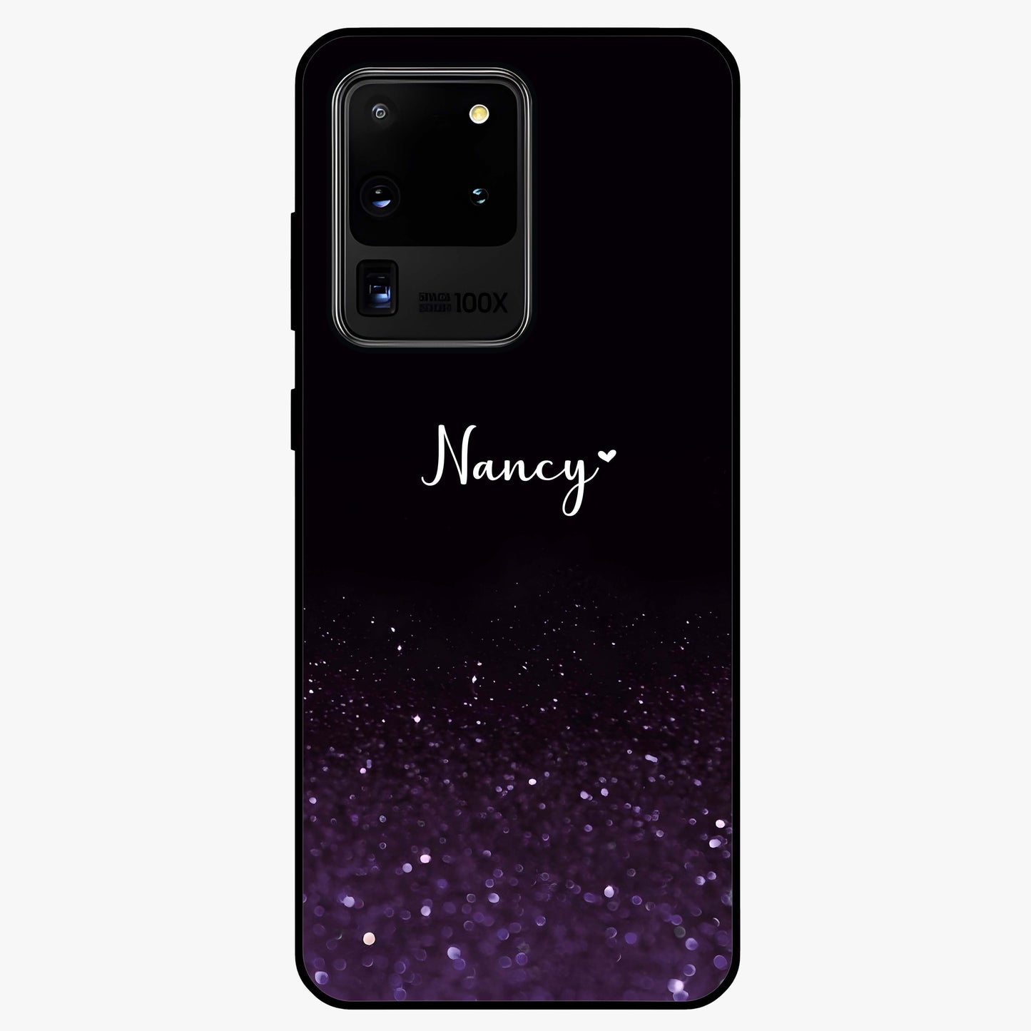 Glittery Purple Bokeh Custom Name Glass Case showing flat back view with purple bokeh sparkle artwork and personalized name design.