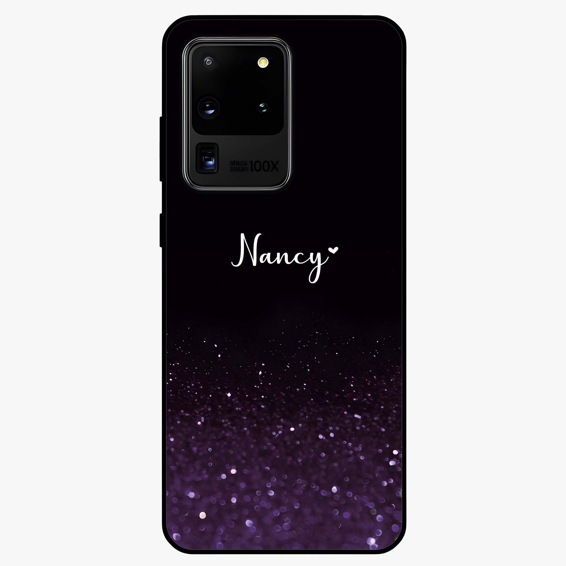Glittery Purple Bokeh Custom Name Glass Case showing flat back view with purple bokeh sparkle artwork and personalized name design.