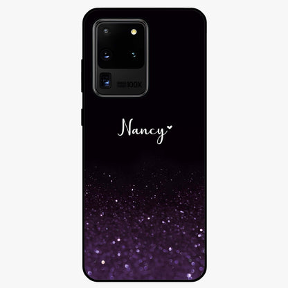 Glittery Purple Bokeh Custom Name Glass Case showing flat back view with purple bokeh sparkle artwork and personalized name design.