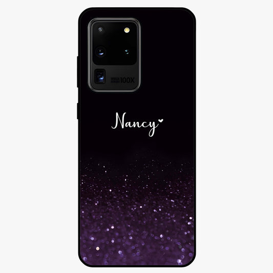 Glittery Purple Bokeh Custom Name Glass Case showing flat back view with purple bokeh sparkle artwork and personalized name design.
