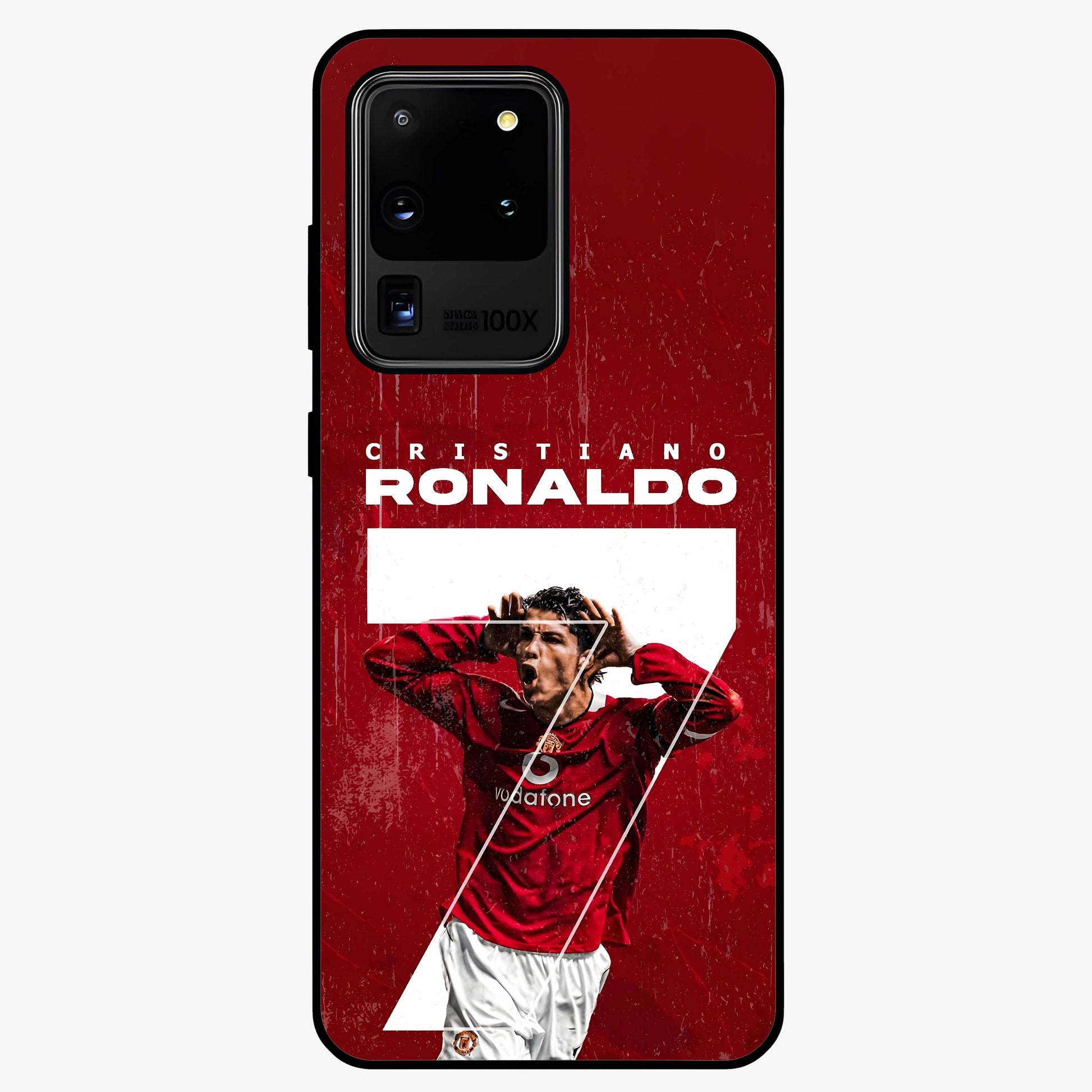 Goal Celebration Legacy Glass Case showing flat back view with football celebration inspired artwork and glossy glass finish.