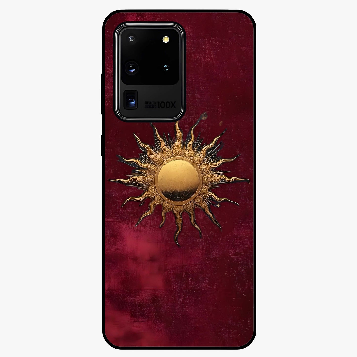 Gold Sun Blush Glass Case showing flat back view with golden sun inspired artwork and glossy glass finish.