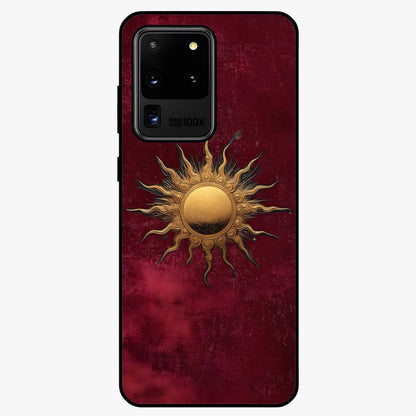 Gold Sun Blush Glass Case showing flat back view with golden sun inspired artwork and glossy glass finish.