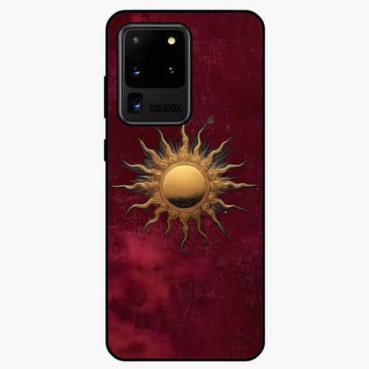 Gold Sun Blush Glass Case showing flat back view with golden sun inspired artwork and glossy glass finish.