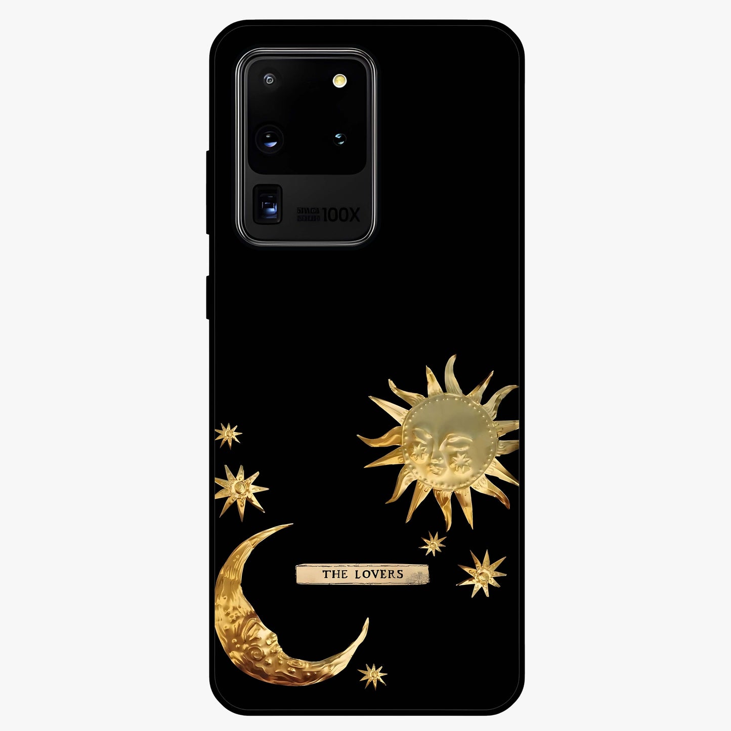 Golden Celestial Charm Glass Case showing flat back view with golden celestial charm artwork and glossy glass finish.