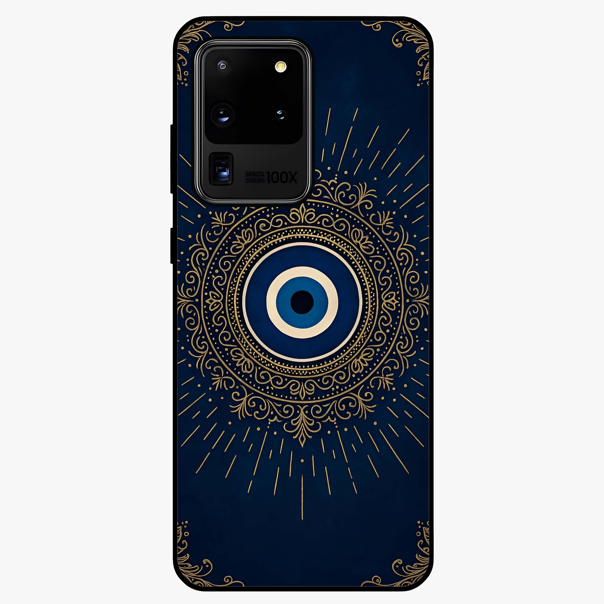 Golden Evil Eye Mandala Glass Case showing flat back view with intricate evil eye mandala artwork and glossy glass finish.