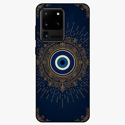 Golden Evil Eye Mandala Glass Case showing flat back view with intricate evil eye mandala artwork and glossy glass finish.