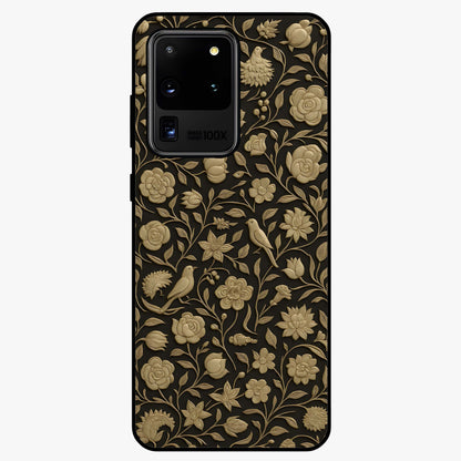 Golden Floral Majesty Glass Case showing flat back view with luxurious golden floral artwork and glossy glass finish.