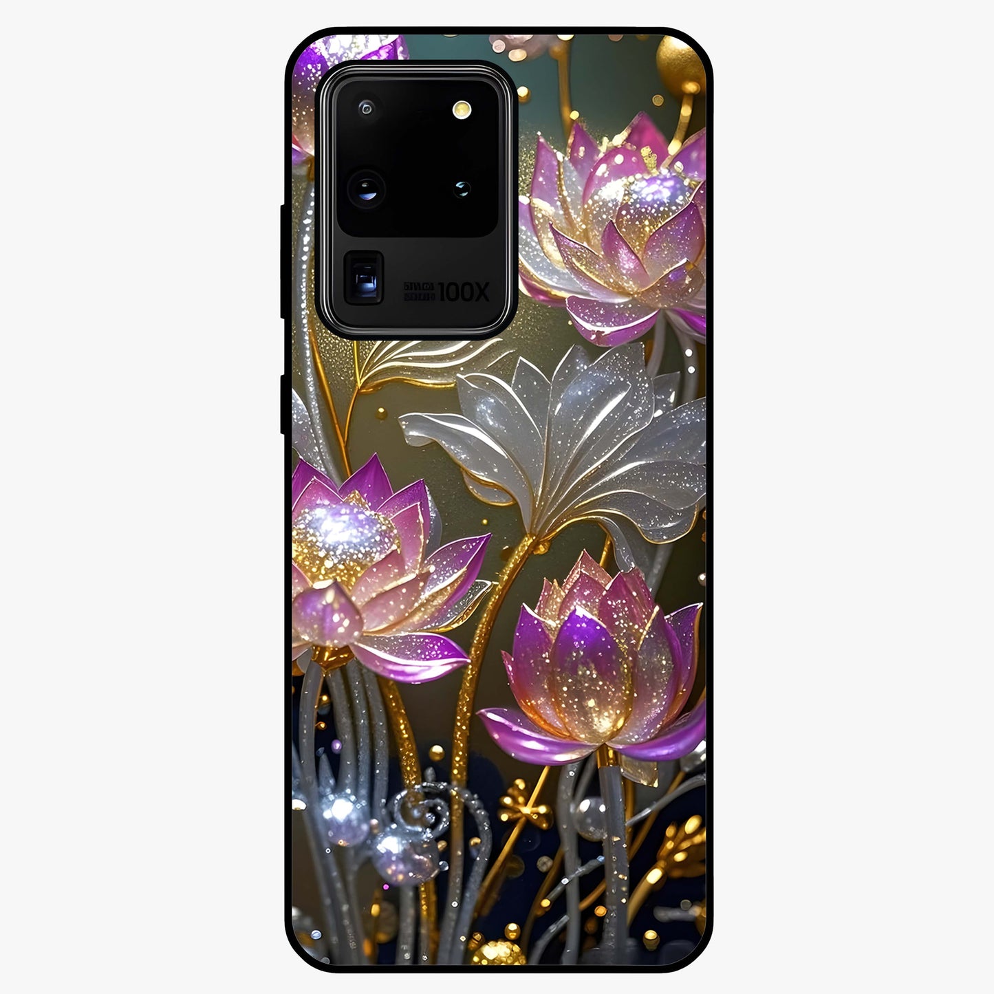 Golden Lotus Glow Glass Case showing flat back view with glowing lotus flower artwork and glossy glass finish.