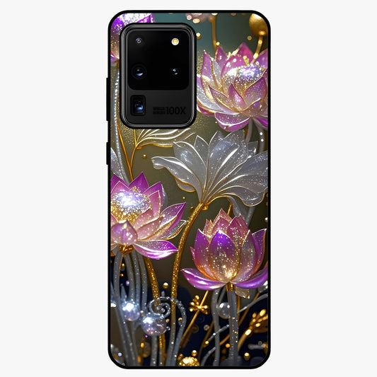 Golden Lotus Glow Glass Case showing flat back view with glowing lotus flower artwork and glossy glass finish.