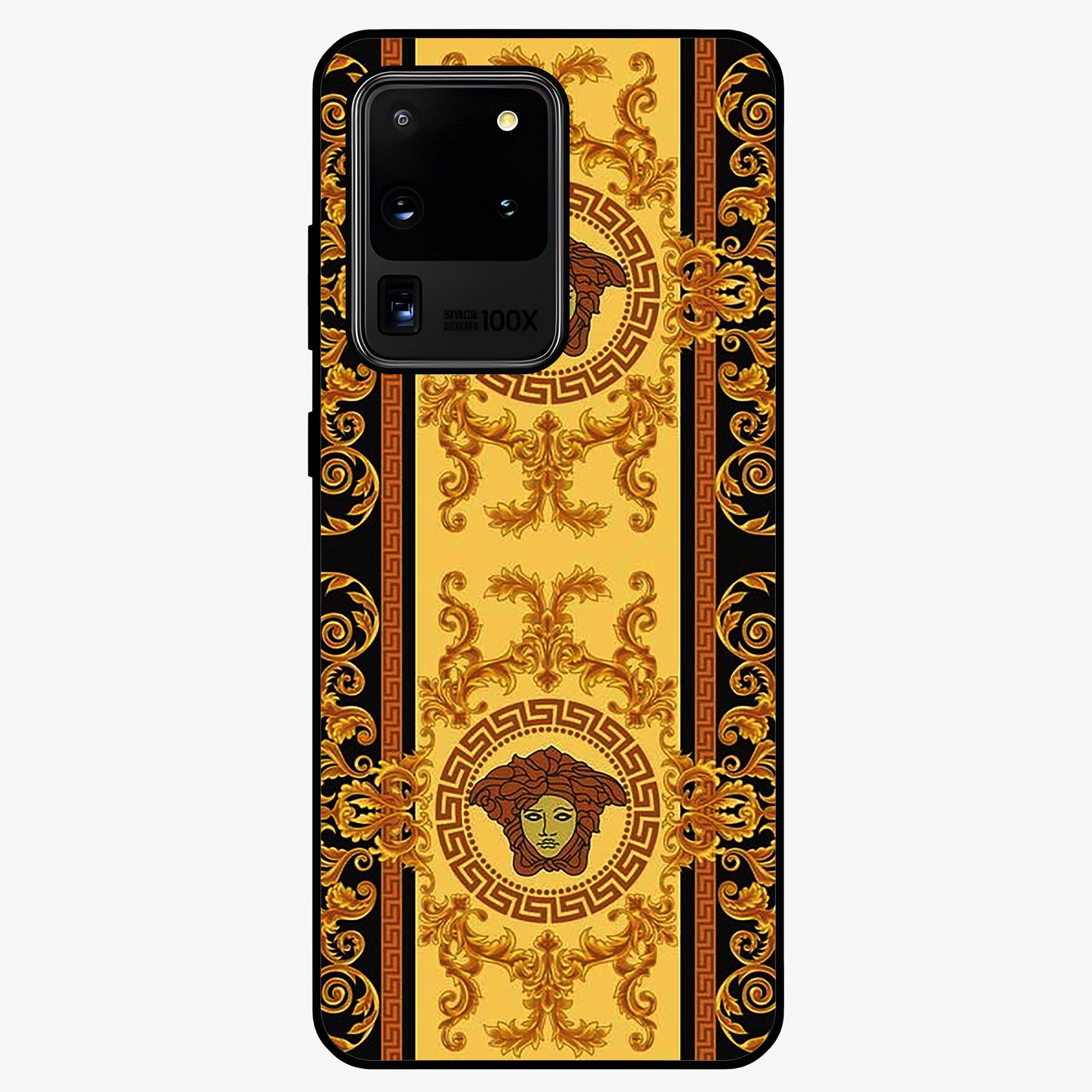 Golden Royal Heritage Glass Case showing flat back view with ornate royal pattern artwork and glossy glass finish.