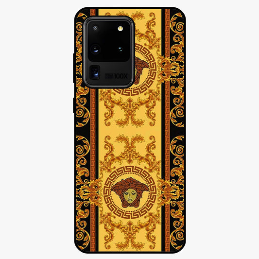 Golden Royal Heritage Glass Case showing flat back view with ornate royal pattern artwork and glossy glass finish.