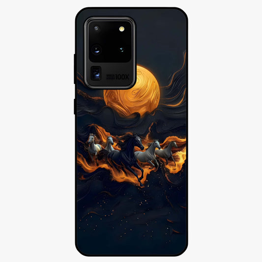 Golden Stallion Moonride Glass Case showing flat back view with majestic horse under moonlight artwork and glossy glass finish.
