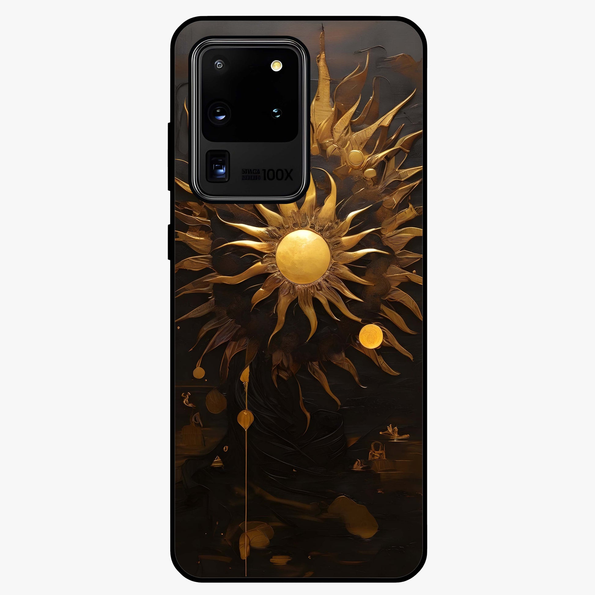 Golden Sun Majesty Glass Case showing flat back view with radiant golden sun artwork and glossy glass finish.