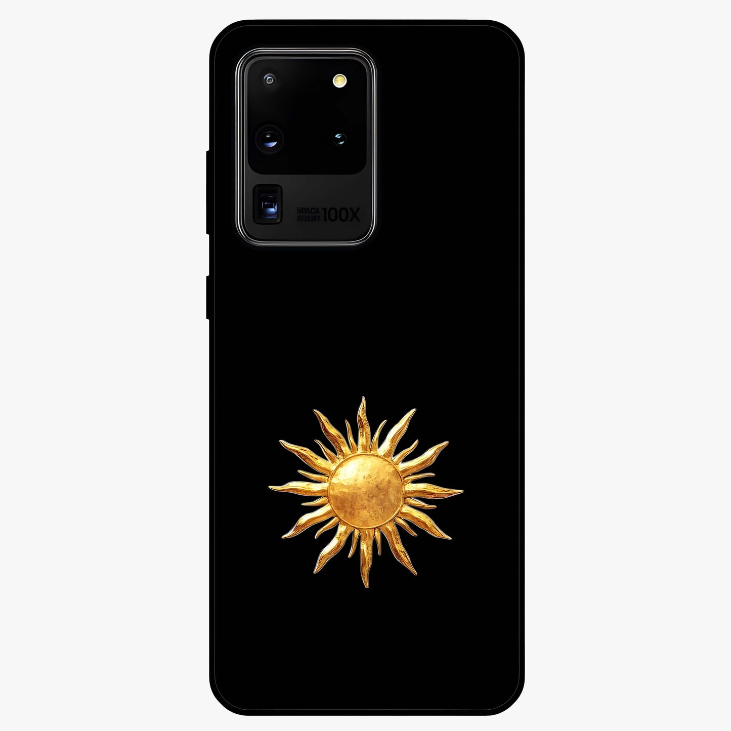 Golden Sun Minimalism Glass Case showing flat back view with minimal golden sun artwork and glossy glass finish.