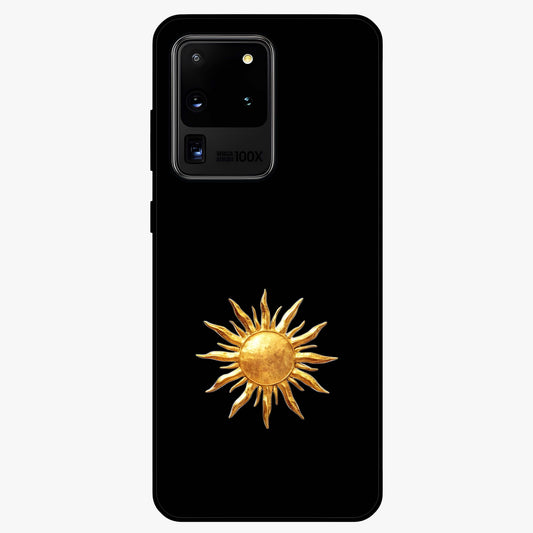 Golden Sun Minimalism Glass Case showing flat back view with minimal golden sun artwork and glossy glass finish.