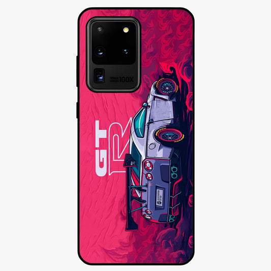 GT-R Car Pattern Glass Case showing flat back view with sporty car inspired pattern artwork and glossy glass finish.
