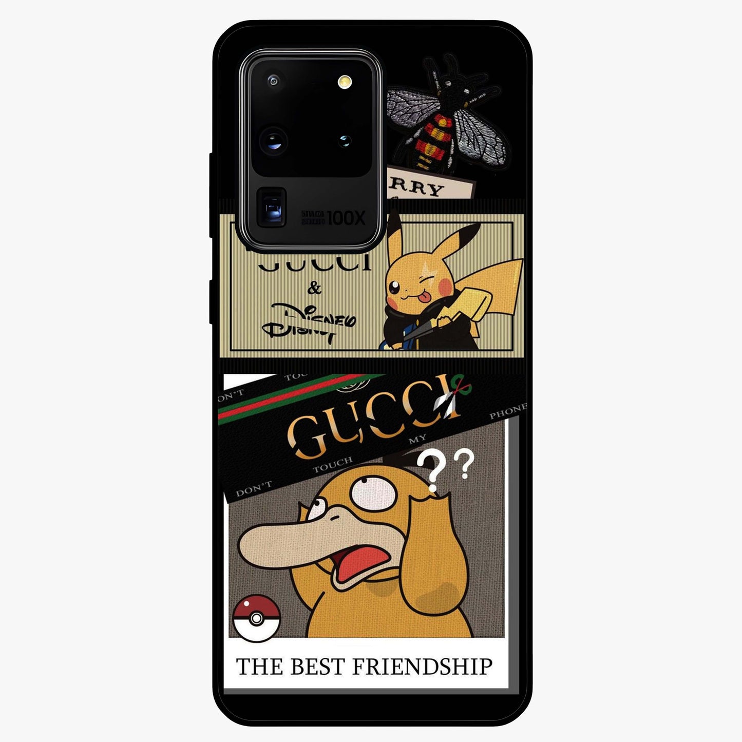 Gucci Play Mashup Glass Case showing flat back view with luxury inspired graphic artwork and glossy glass finish.