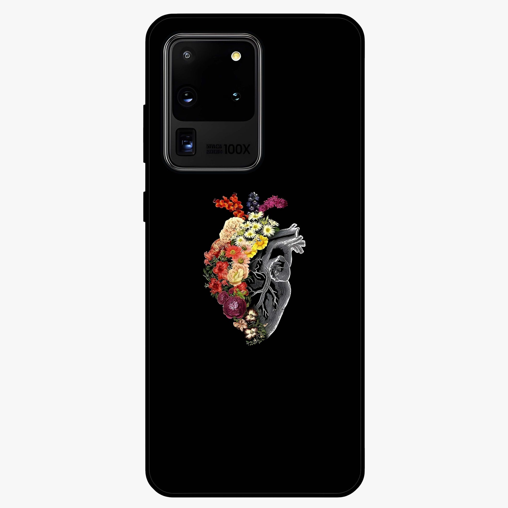 Heart With Flowers Glass Case showing flat back view with heart shaped floral artwork and glossy glass finish.