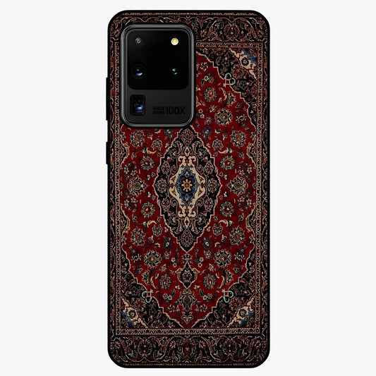 Heritage Carpet Royale Glass Case showing flat back view with ornate Persian carpet inspired pattern and glossy glass finish.