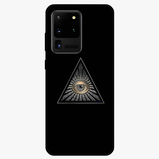 Illuminati Evil Glass Case showing flat back view with mysterious illuminati symbol artwork and glossy glass finish.